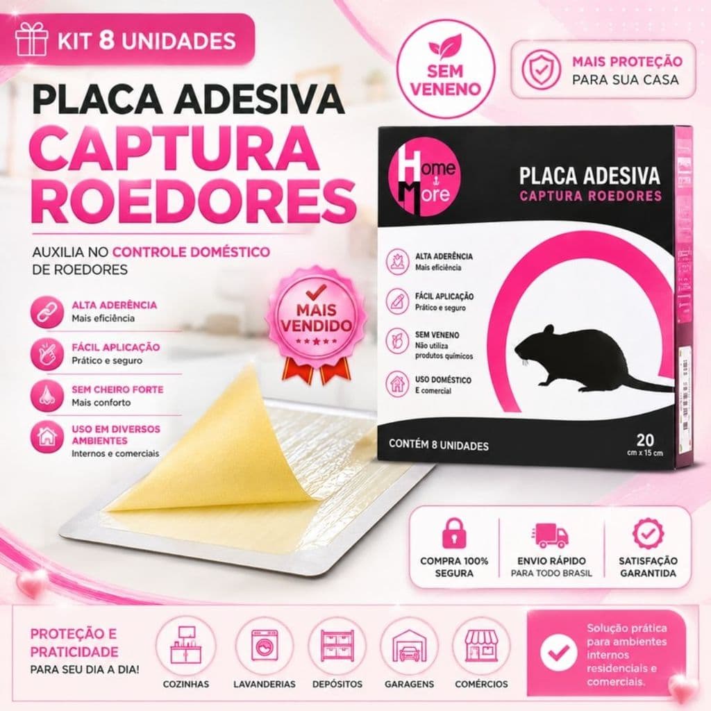 Placa Adesiva Captura Roedores Alta Fixação Sem Veneno Kit 8 Unidades