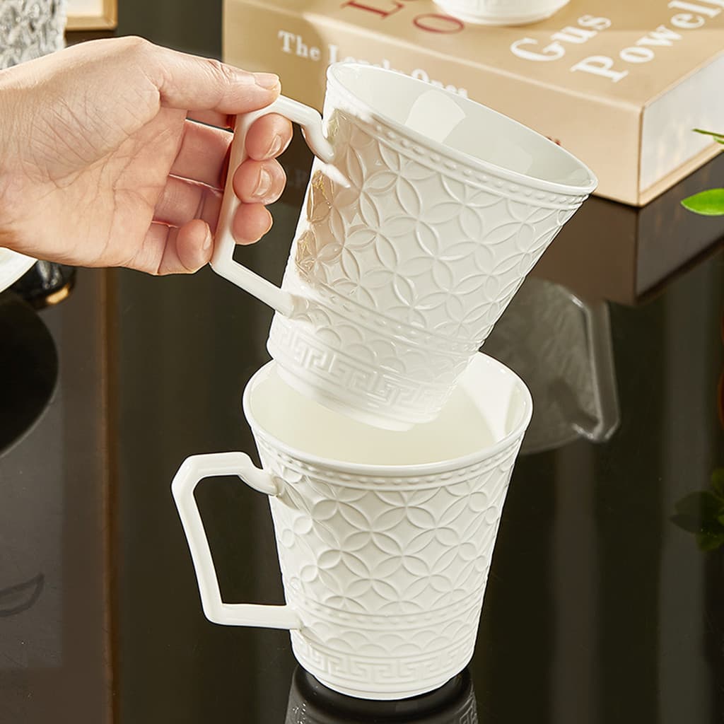 Osso China caneca copo de água doméstico high-end branco puro em relevo café da manhã copo de leite requintado high-end