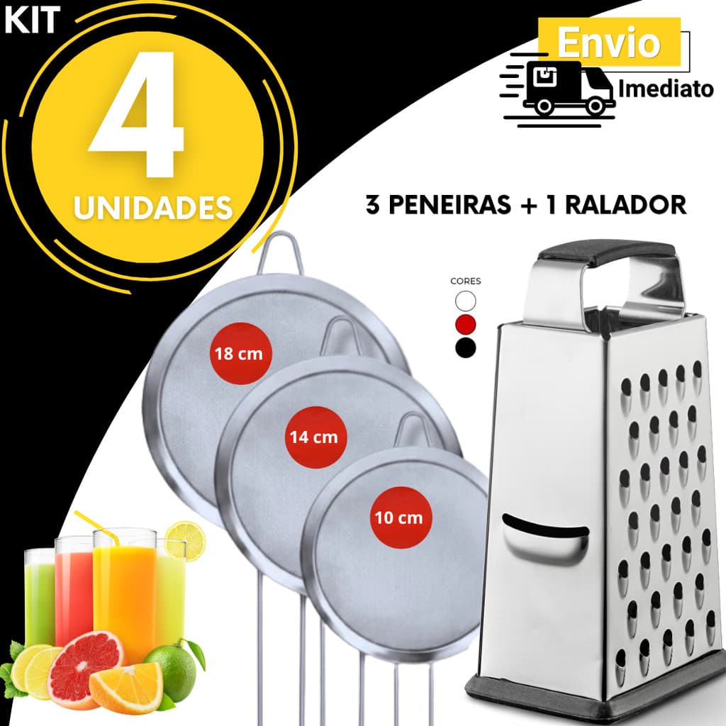 Kit 4 Peças 3 Peneiras Aço Inox + Ralador 4 Faces Coador Escorredor Para Cozinha Confeitaria Gourmet multiuso