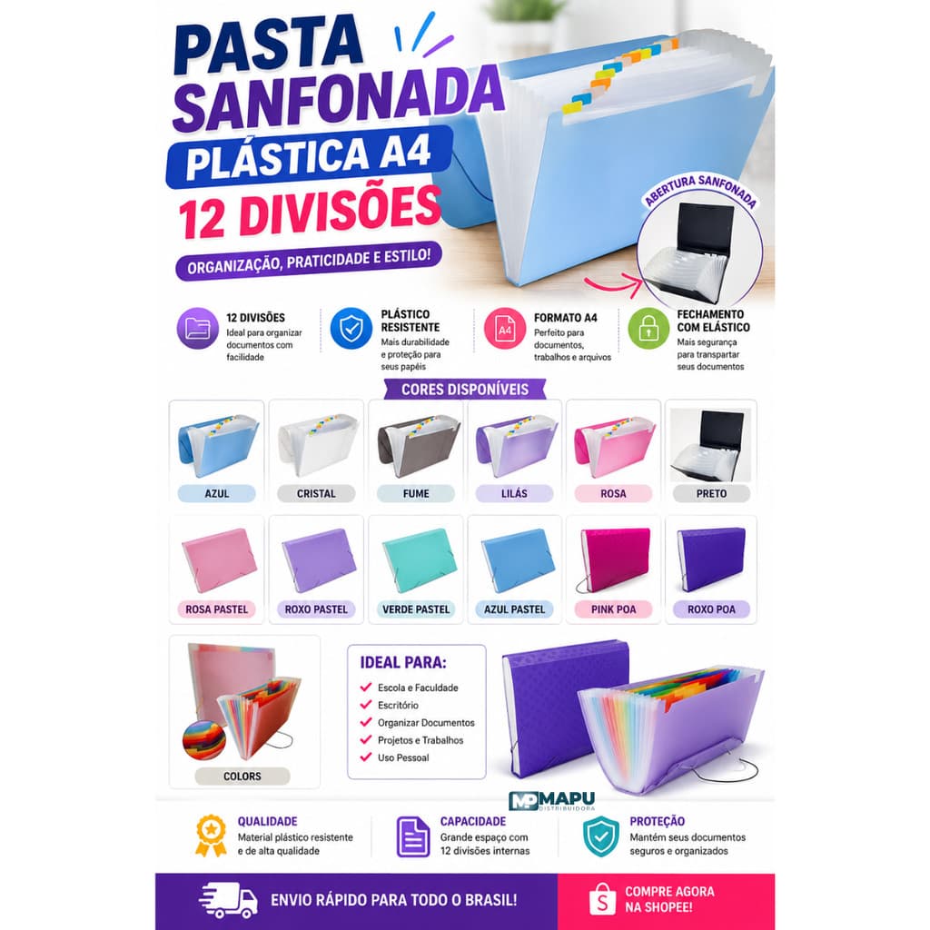 Pasta Sanfonada A4 Organizadora com 12 Divisórias / Diversas Cores - ACP/DAC