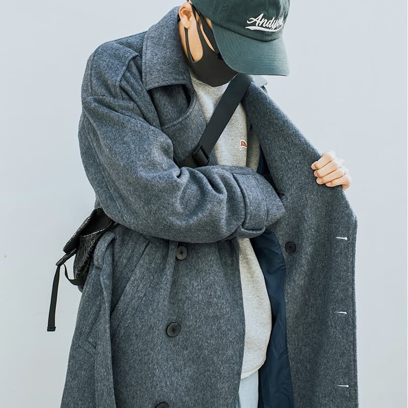 [349 Yuan Escolha 3 peças] Casaco de lã longo cinza masculino outono inverno solto jaqueta combinada na moda