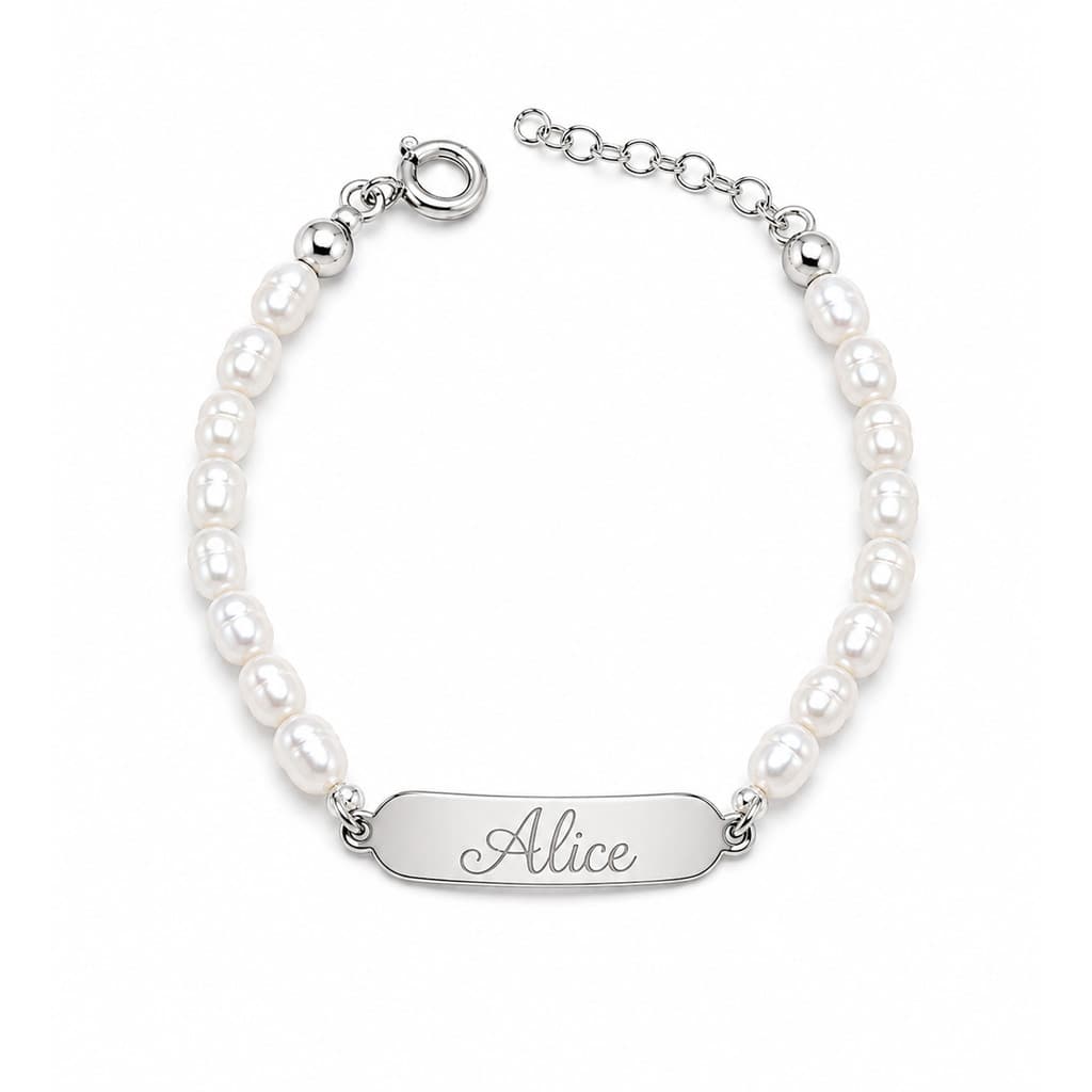 Pulseira Personalizada Infantil com Nome e Pérolas Naturais Banhado a Ródio