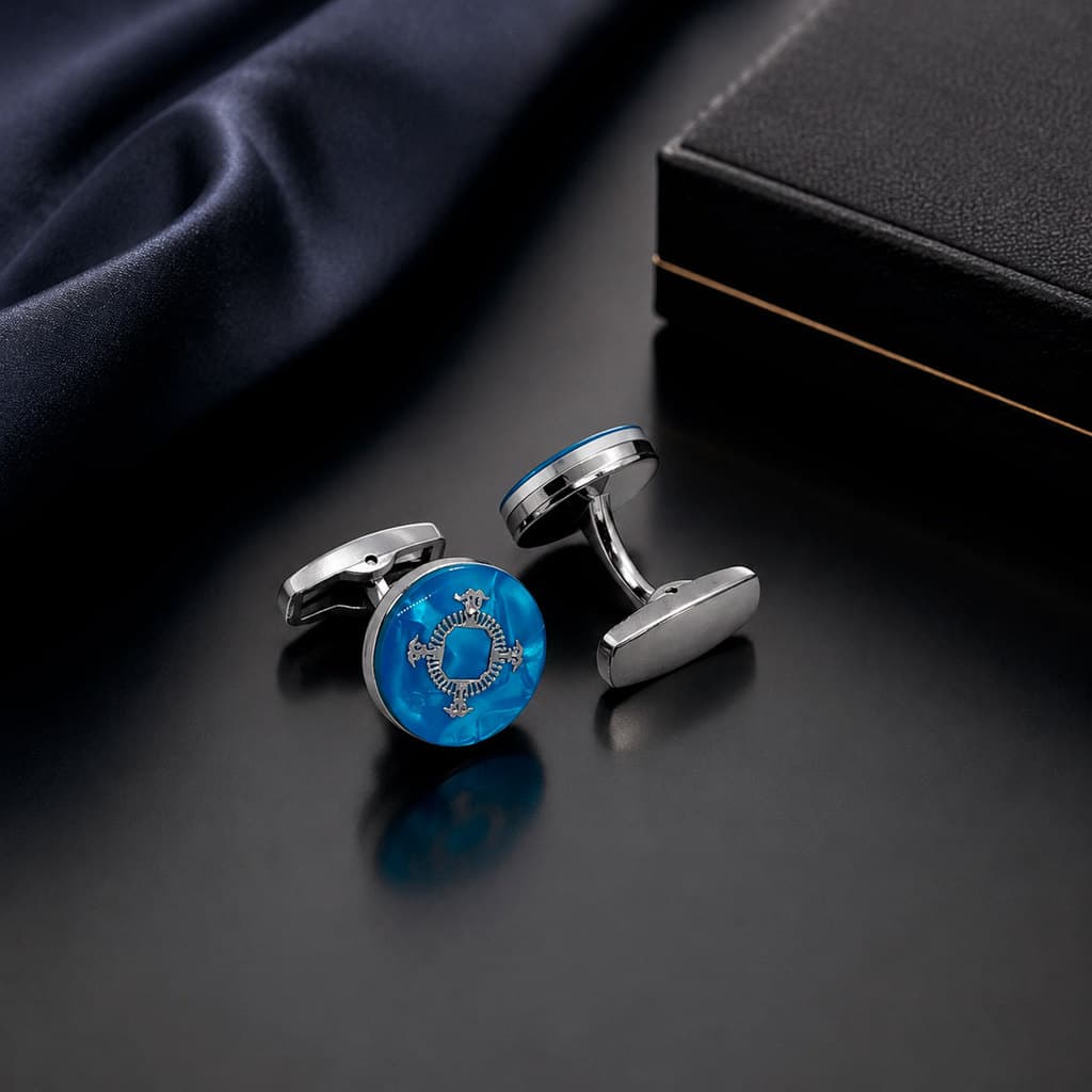 Abotoaduras Redonda Prateada Azul Elegante