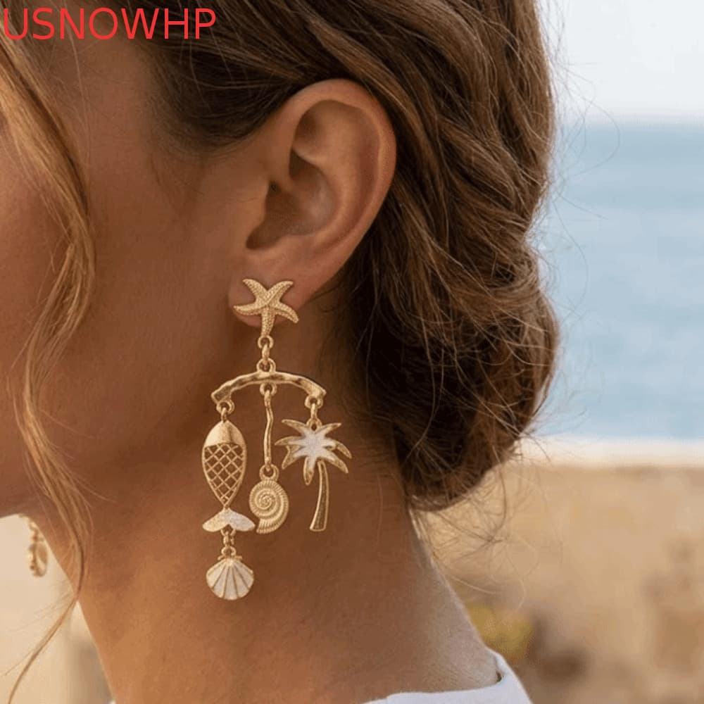 Brincos De Concha USNOWHP , Orelha Estilo Oceano De Peixe Boho Requintados De Estrela Do Mar De Coqueiro