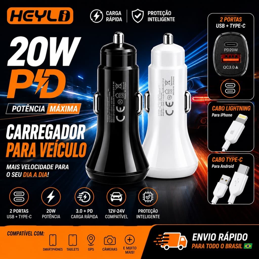Carregador Veicular 20W USB Tipo C/iphone Carga Rápida 3.0