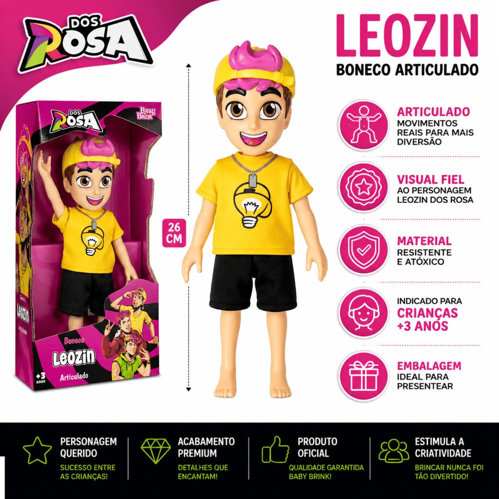 Boneco Leozin Dos Rosa Articulado 26cm Original Novabrink Personagem Oficial Infantil