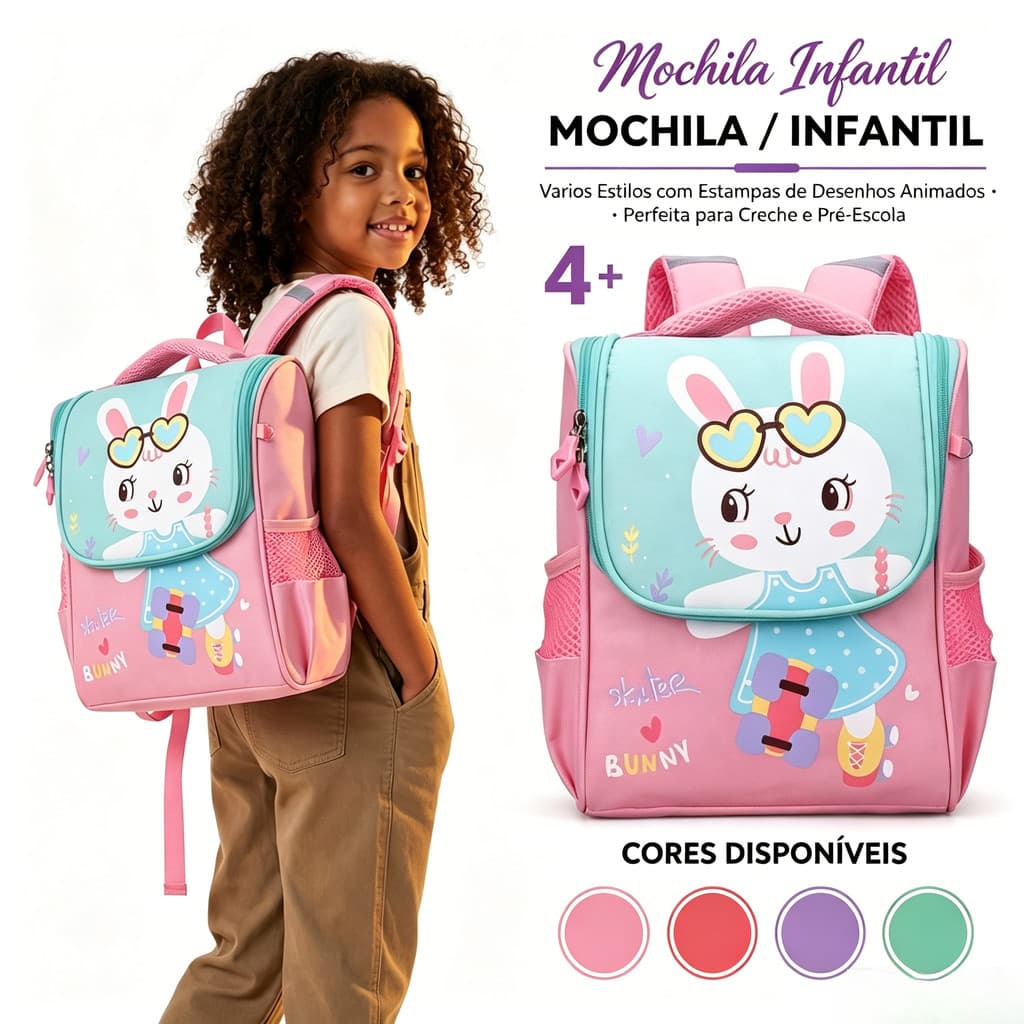 Mochila infantil com estampa de desenho animado, adequada para jardim de infância e pré-escola.