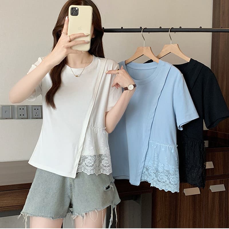 Estilo coreano Irregular plissado renda camiseta roupas femininas 2026 verão Design francês nicho moda mais magro olhar