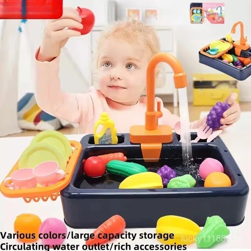 New Children's Kitchen Sink Electric Dishwasher with Water Running Toy Pretend Play Food Toy FATI