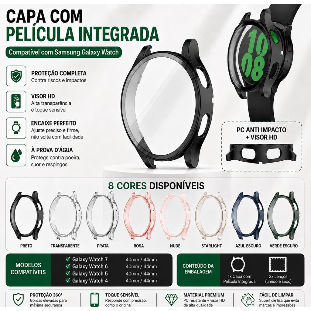 Capa com Vidro Temperado para Samsung Galaxy Watch 4 5 6 7 40mm 44mm Proteção Completa Antiqueda Alta Definição