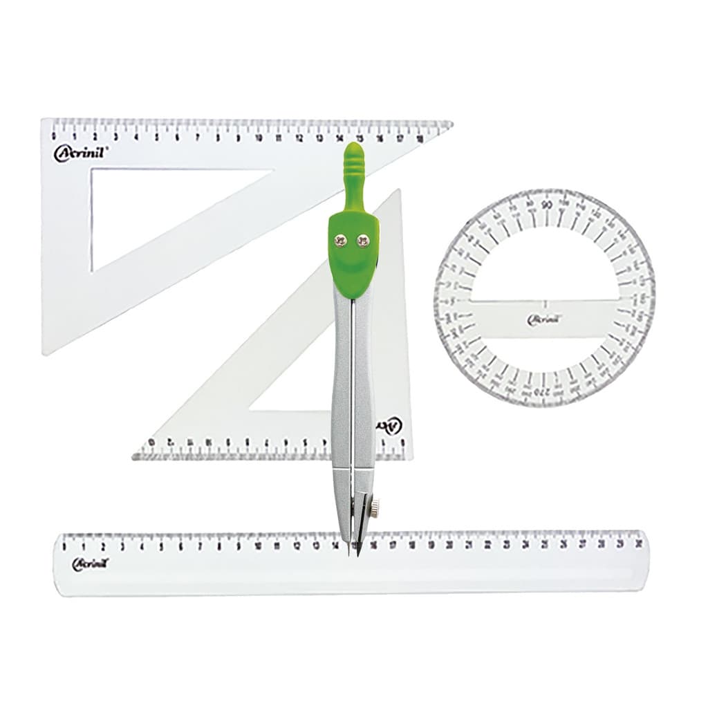 Kit Geométrico Régua Transferidor Esquadros Compasso Verde