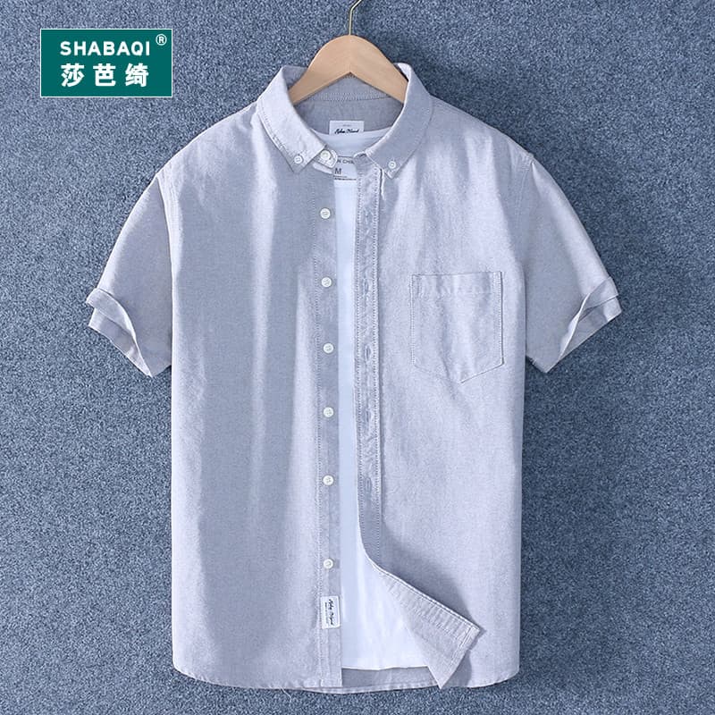 Verão fino puro algodão Oxford girando camisa de manga curta masculina Casual cor sólida camisa imitação Denim cinza mei