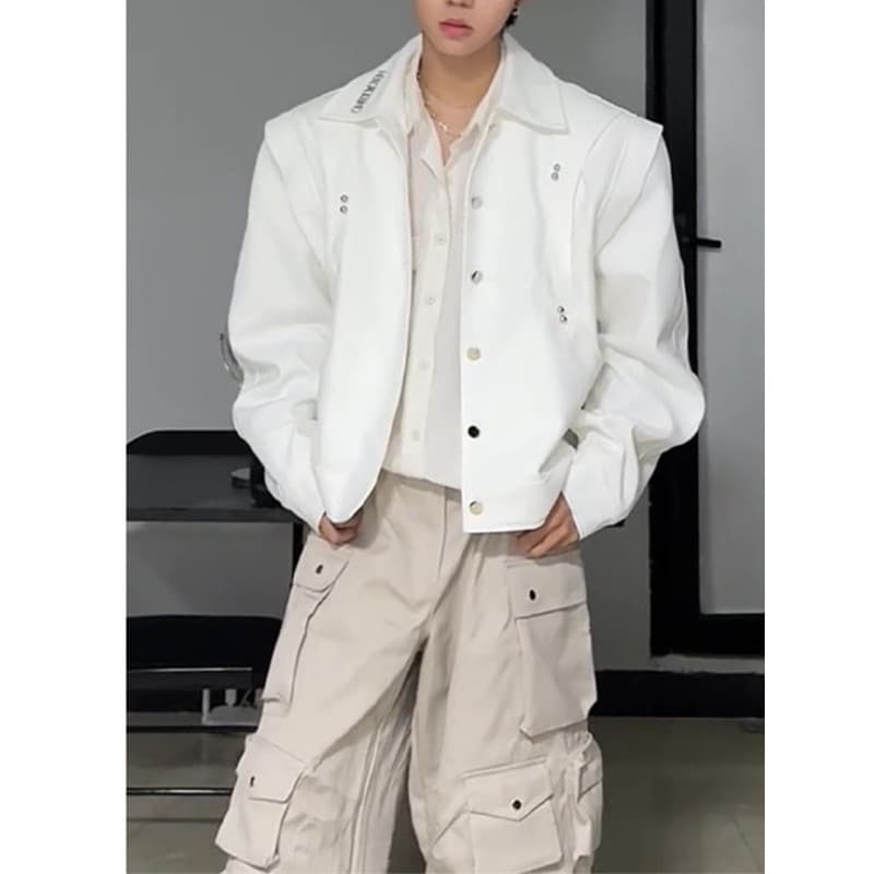Branco estilo americano ombro acolchoado jaqueta das mulheres dos homens High-End sentido rufião bonito primavera outono