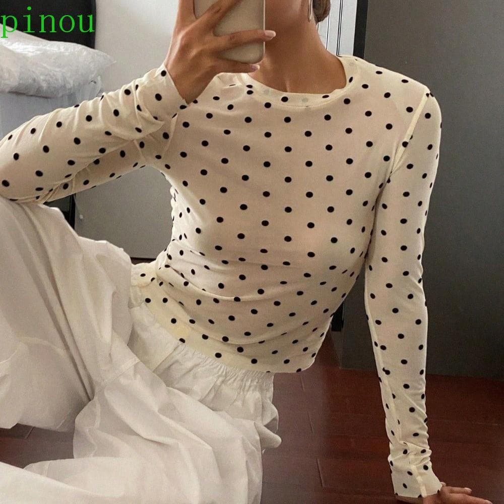 Camiseta PINOU De Bolinhas , Transparente De Manga Comprida Com Gola Redonda , Top De Malha De Leopardo Justo