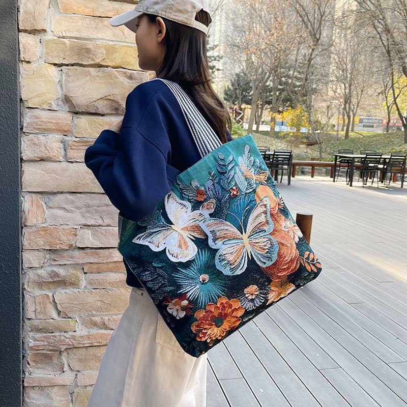 Bolsa Tote Vintage com Bordado de Borboleta para Mulheres, Bolsa de Lona de Grande Capacidade Estilo Étnico, Bolsa de Om