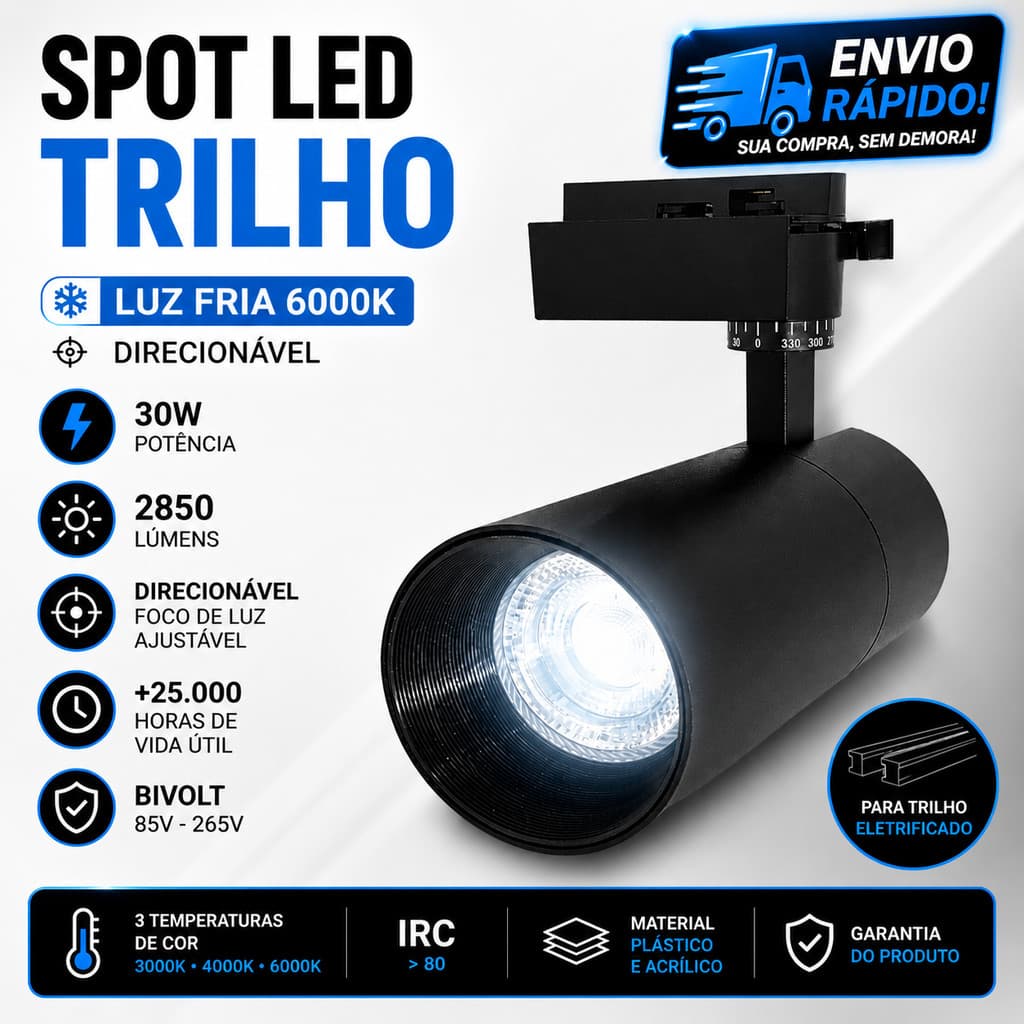 Spot LED Para Trilho Eletrificado 30W Preto Branco Frio 6000K Luminária Foco Direcionável Paylow