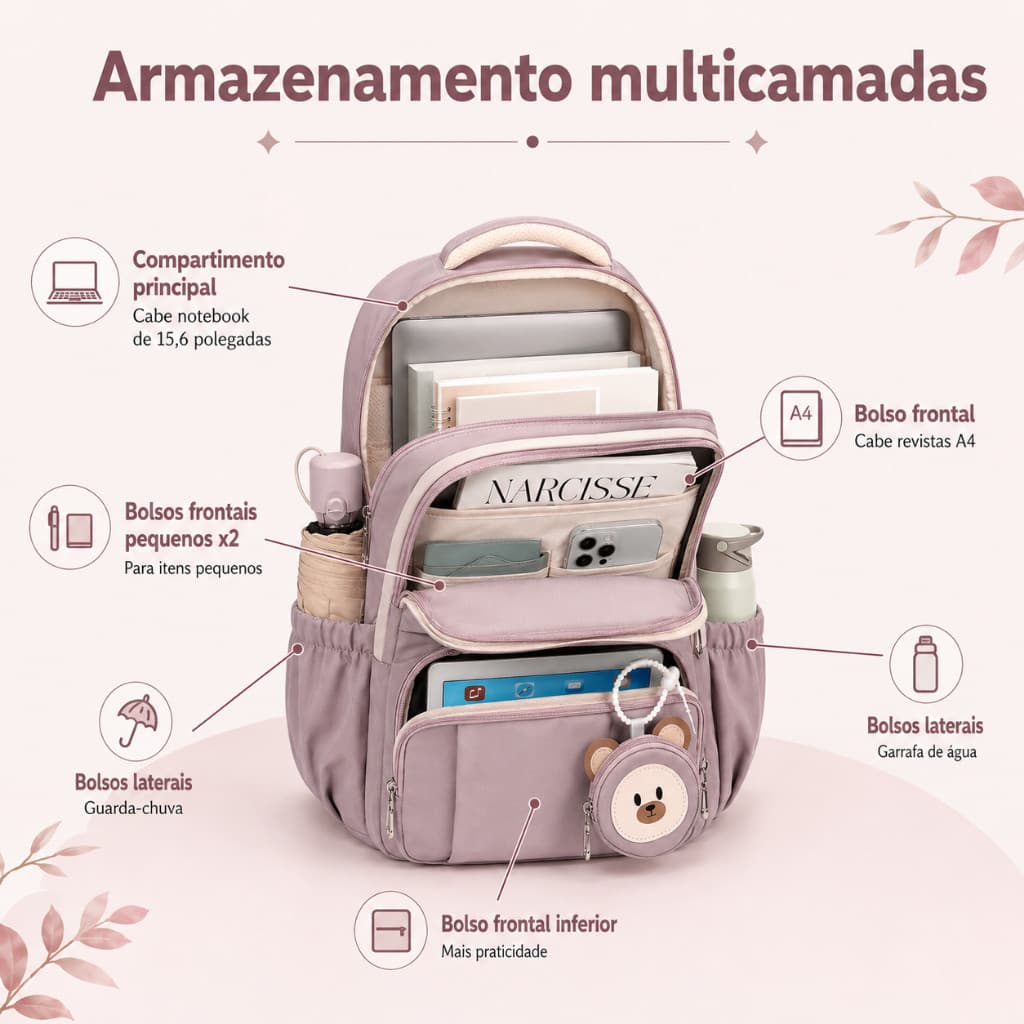 Mochila Feminina Rosa Grande Capacidade Notebook 15.6 Impermeável Multiuso Escolar Faculdade Viagem Resistente