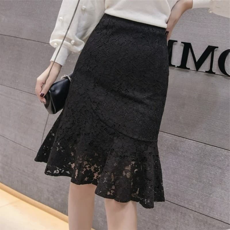Saia de cintura alta renda comprimento médio babados Fishtail saia primavera outono a linha moda Hip-embalado saia magro