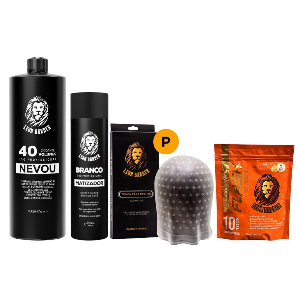 Kit Touca P + Pó Descolorante Ametista Flash 300g + Matizador 250ml + Água Oxigenada 900ml (40 Volumes) – Leon Barber