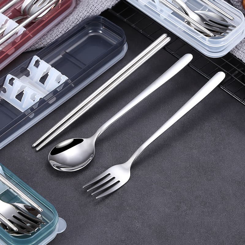 Conjunto de talheres portáteis em aço inoxidável 304 para estudantes, conjunto de três peças com hashis e colher em aço