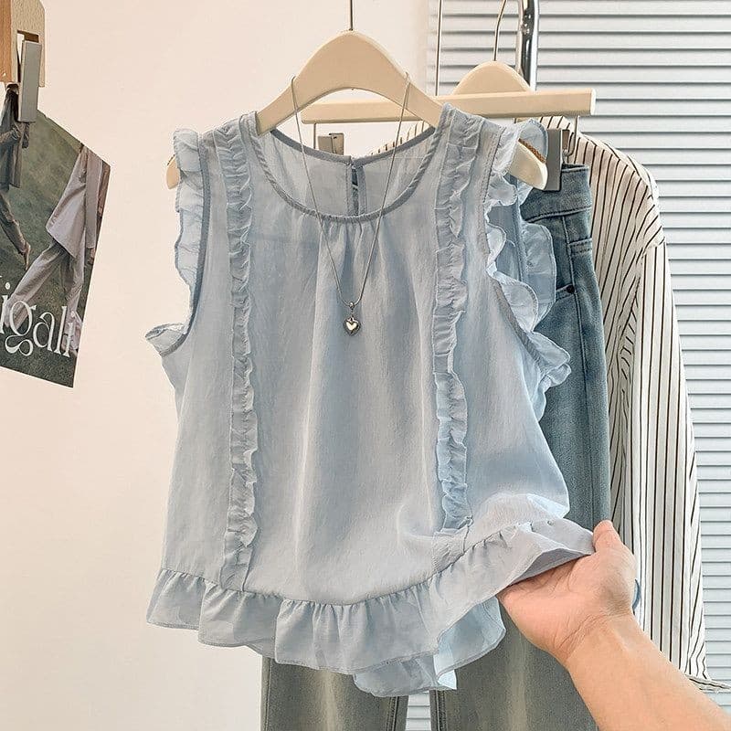 Coreano Retro fungo renda sem mangas colete feminino verão estilo japonês redução de idade Casual mais magro olhar onda