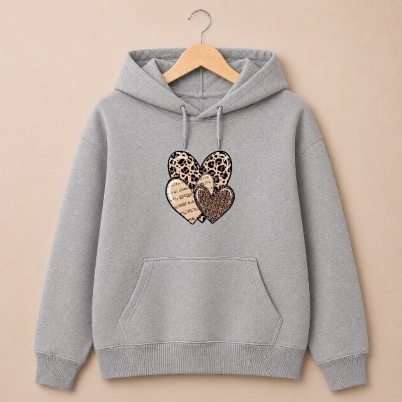 Casaco Feminino de Frio Moletom Flanelado Estiloso 3 Corações Tendência Outono Inverno Capuz e Bolso