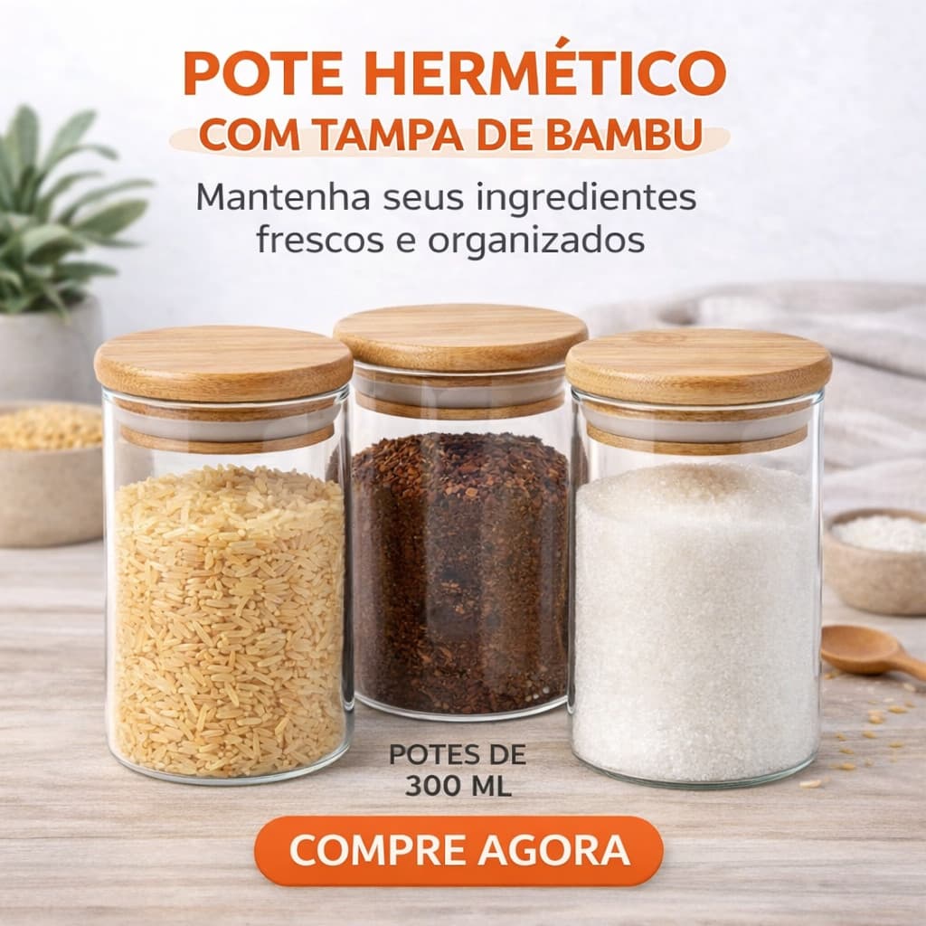 Kit 3 Potes De Vidro Mantimentos 300ml Alta Vedação Cozinha Organização Tampa de Bambu Dupla Vedação