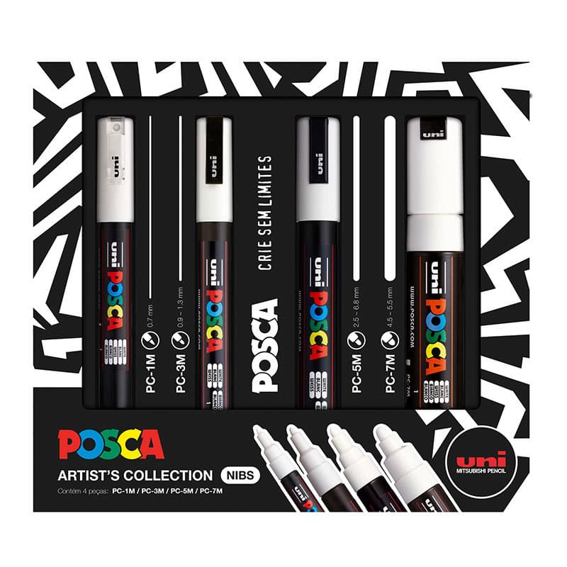 Caneta Posca Artists Collection NIBS Branco estojo com 4 unidades Uni-Ball