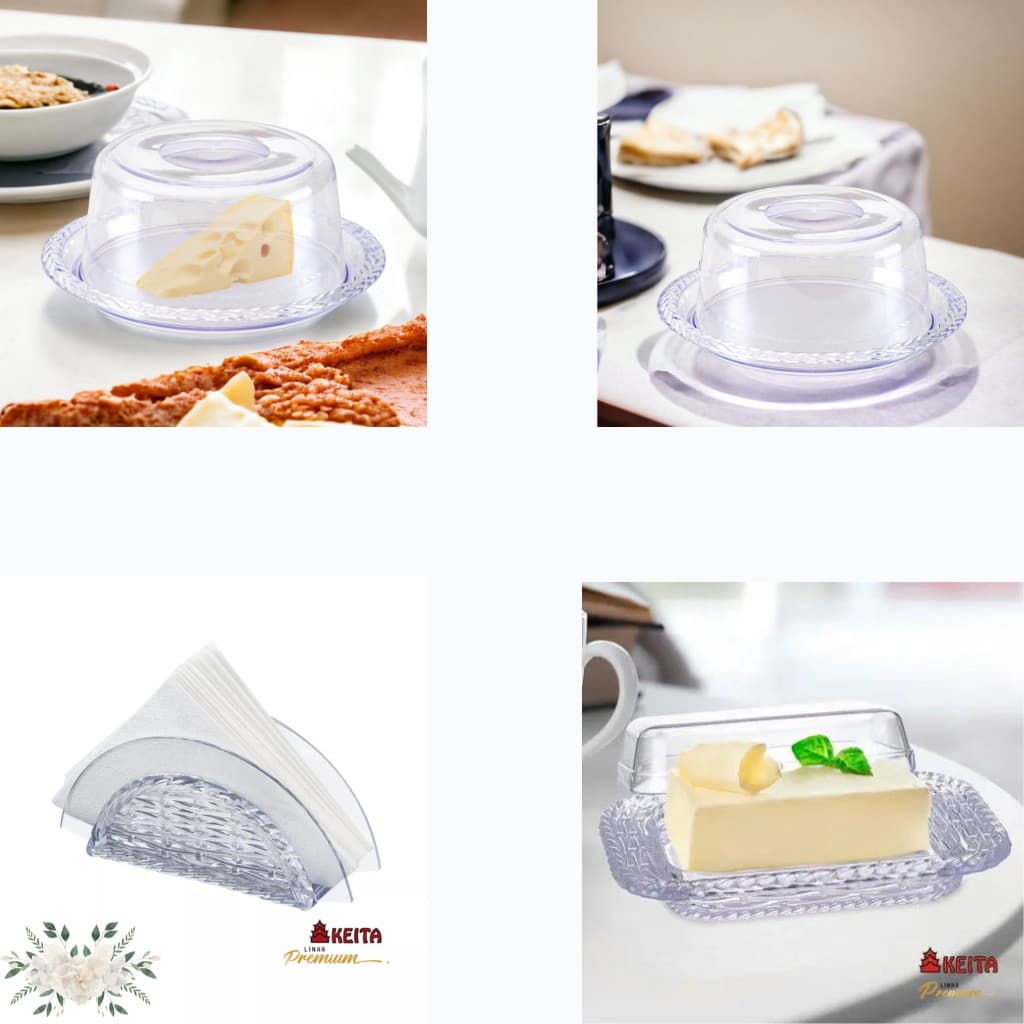 Kit Porta Queijo Queijeira + Porta Manteiga Manteigueira + Porta Guardanapos em Acrílico Trançado