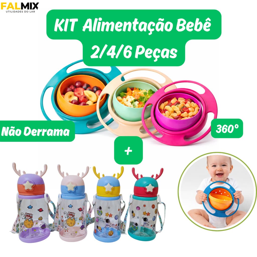 Kit Alimentação Prato Infantil 360° Giratório Mágico Não Derrama Refeição Antiqueda + Garrafa Canudo