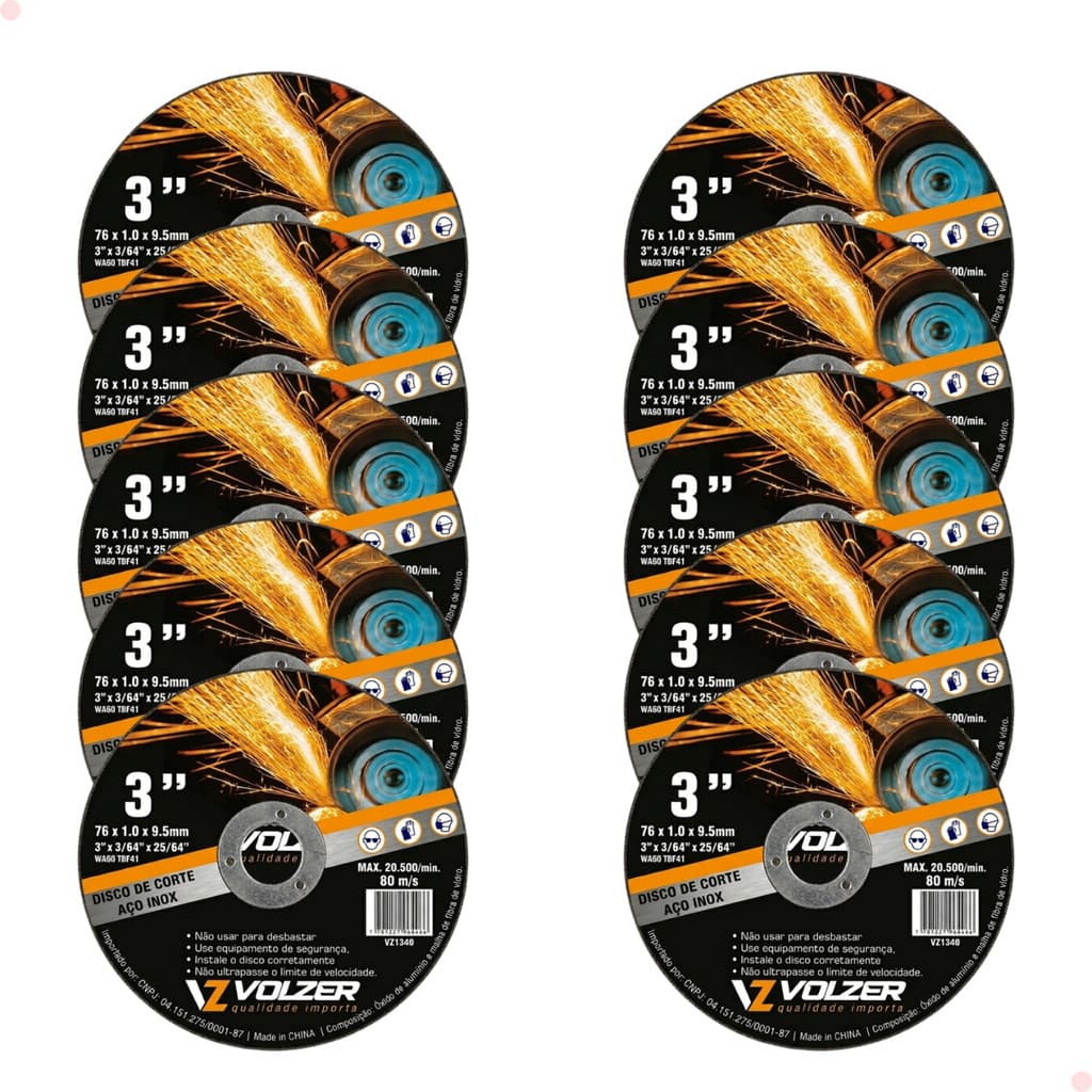 Kit de 10 Discos de Corte Fino de 76 x 1.0 x 9.5 mm Para Inox e Metal Volzer