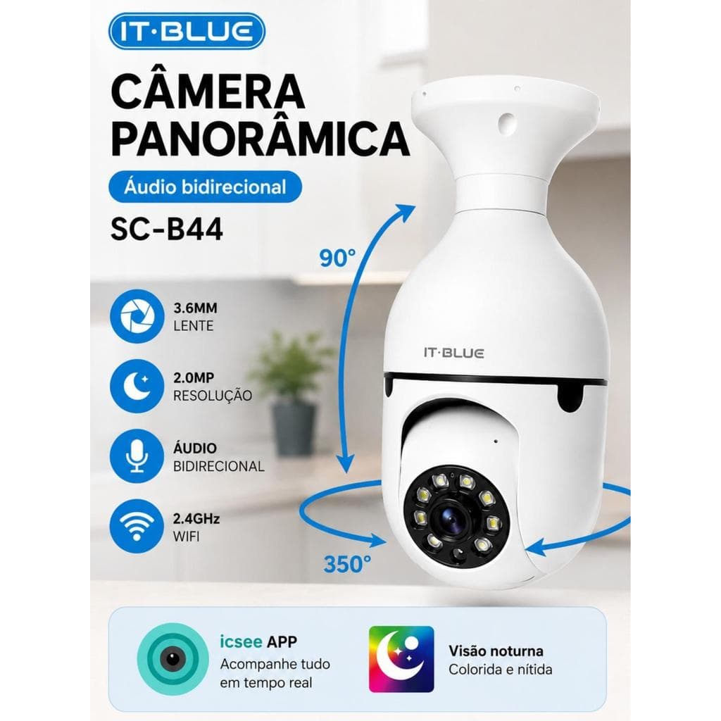 Câmera Panorâmica Wi-Fi IT-BLUE SC-B44 2MP Visão Noturna Áudio Bidirecional