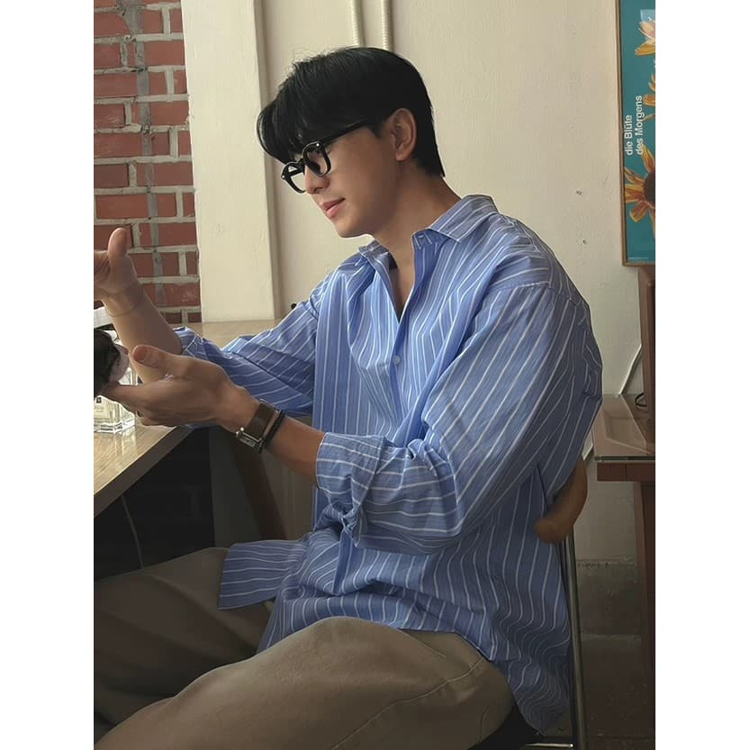 Estilo coreano listrado camisa masculina de seda gelo quatro lados elástico solto manga comprida protetor solar Cardigan