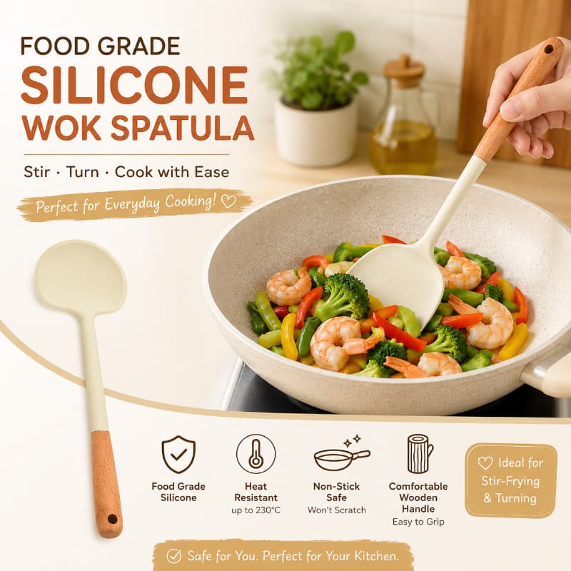 Espátula de Silicone para Cogumelos de Grau Alimentício com Cabo de Madeira, Resistente ao Calor |   Espátula Antiaderen