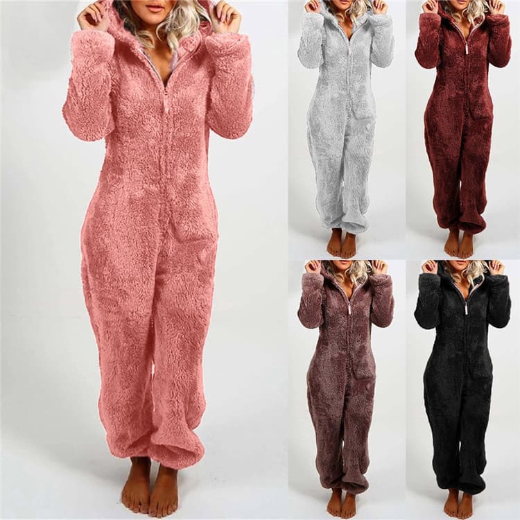 Macacão de Pijama Feminino de Pelúcia com Capuz, Macacão de Proteção Térmica para o Corpo Todo, Roupa de Dormir Macia pa