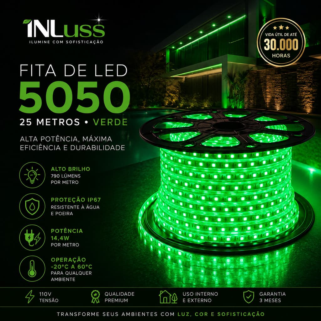 FITA LED VERDE 25 METROS 5050 IP67 BLINDADA 110V ALTA POTÊNCIA PARA ÁREA EXTERNA E DECORAÇÃO