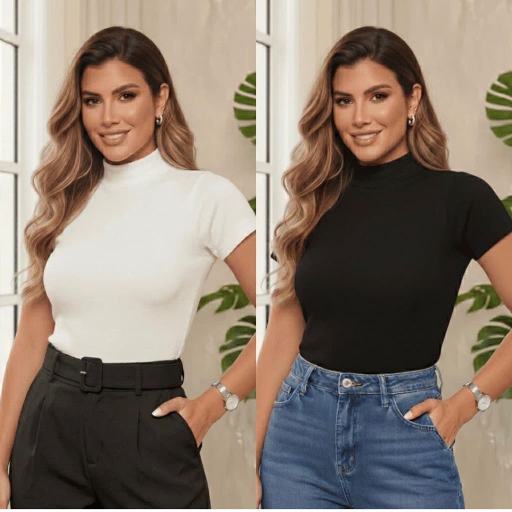 Kit 2 Blusa Feminina Canelada Premium Manga Curta Gola Alta Elegante Slim Estilosa Trabalho Básica