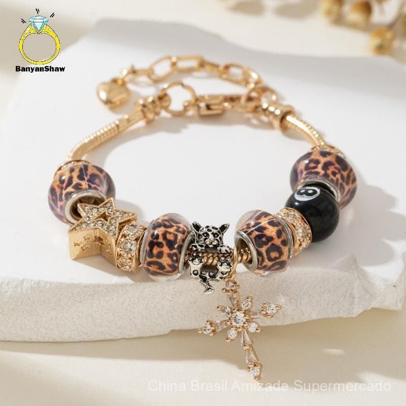 Pulseira Feminina Luxuosa com Estampa de Leopardo e Céu Estrelado, Joia de Contas Elegante, Acessório de Alta Qualidade