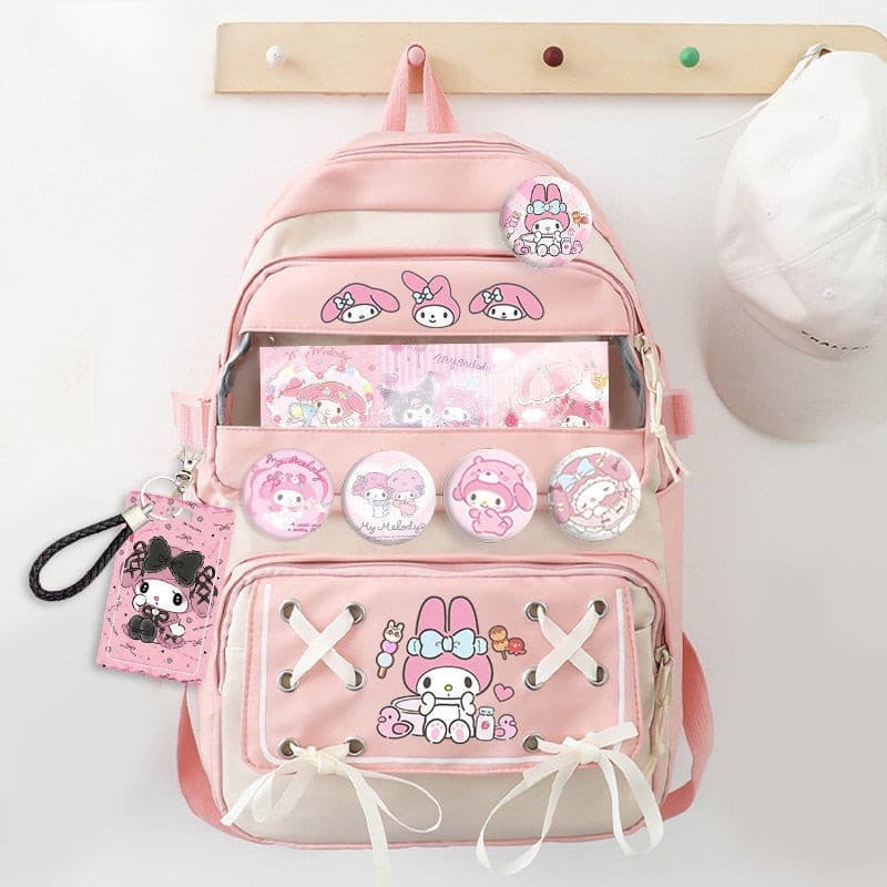 Mochila em colaboração com a Kuromi, mochila com tema Cinnamoroll e Melody, mochila escolar fofa e simples para alunos
