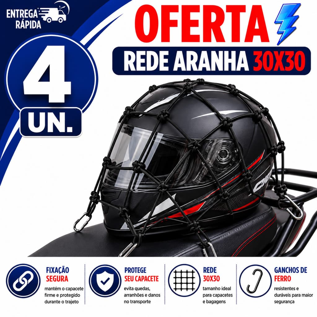 REDE ELÁSTICA RESISTENTE PARA MOTO DELIVERY CAPACETE E TRANSPORTE 30X30