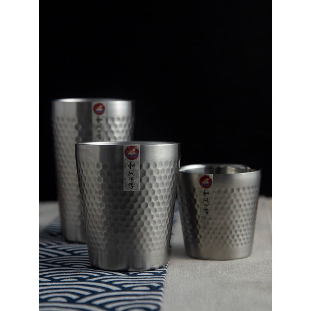 Estilo japonês quatro estações dupla camada 304 copo de água de aço inoxidável copo de cerveja padrão de martelo de alto
