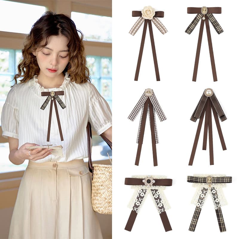 Gravata borboleta camisa feminina arco decoração café cor marrom Streamer colar flor simples Retro camisa jaqueta acessó