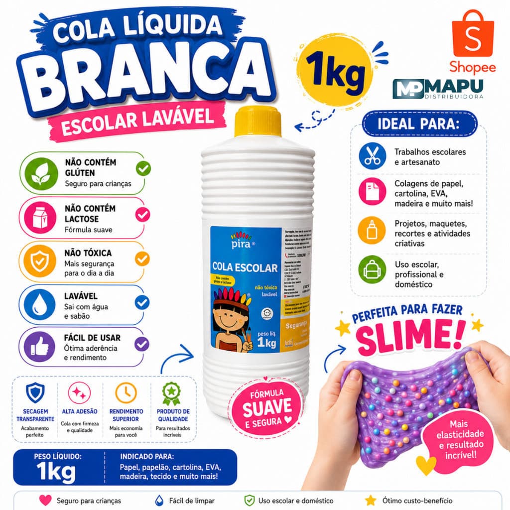 Cola Líquida Branca 1Kg Escolar Lavável Artesanato Slime