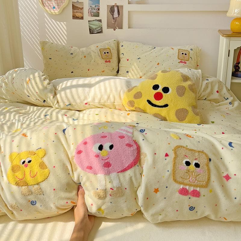 Outono inverno engrossado quente leite velo conjunto de quatro peças bonito leite amarelo colcha capa Coral velo cama