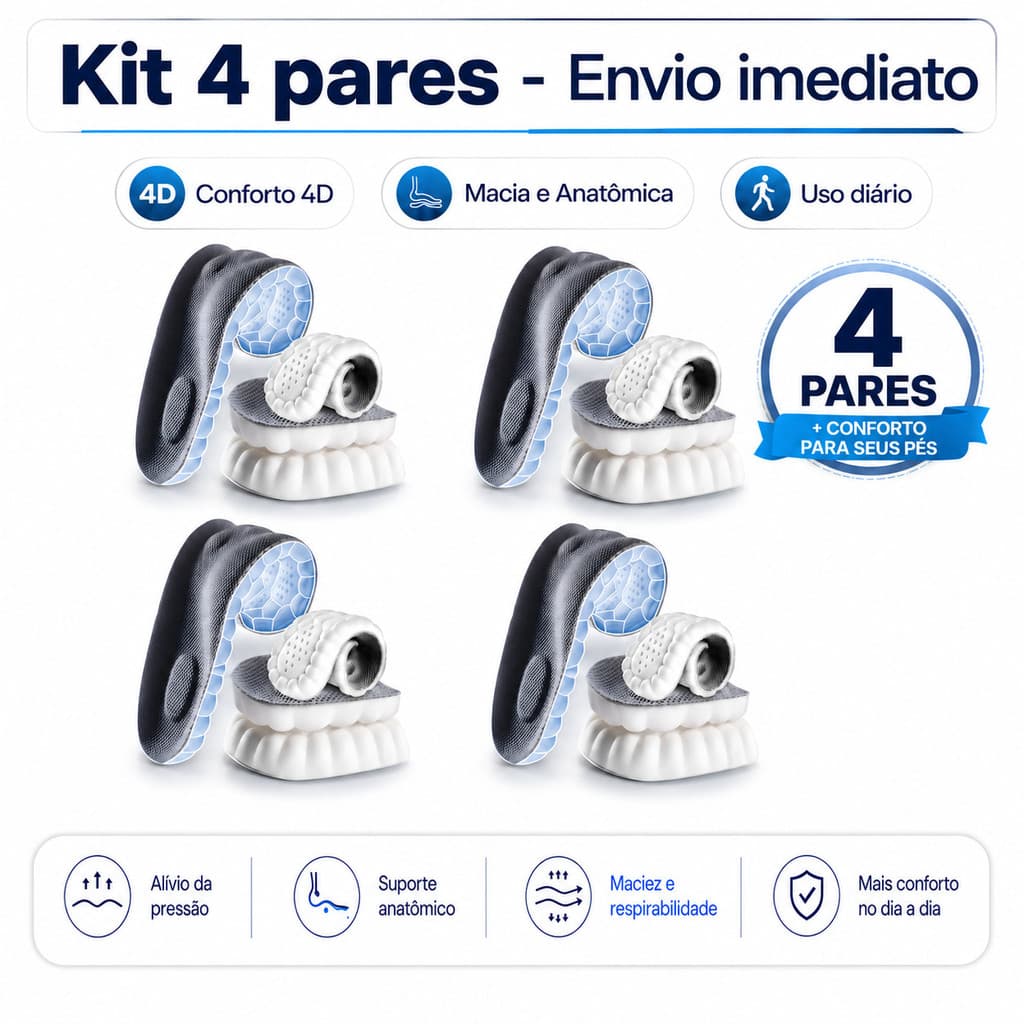 Kit 4 Palmilhas Nuvem 4D Anatômicas para Uso Diário Esporão