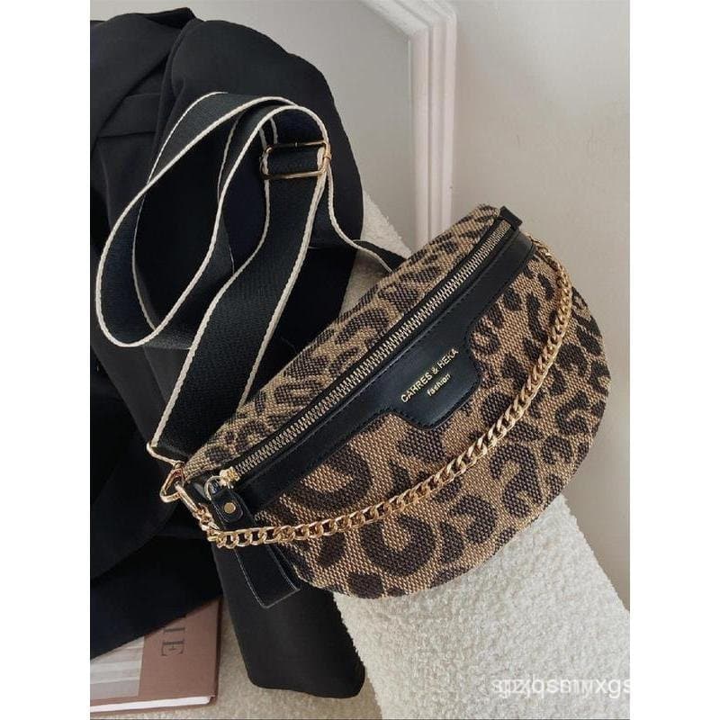 Bolsa de cintura feminina com estampa de leopardo, bolsa de peito casual multifuncional com zíper, adequada para uso diá