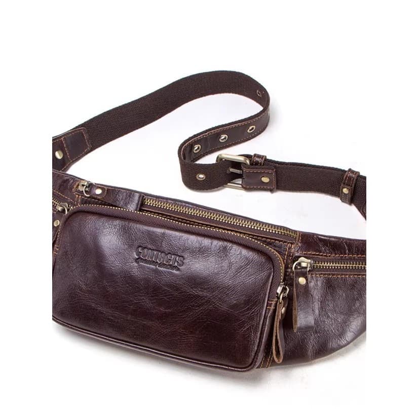 Bolsa de peito de couro genuíno Bolsa de cintura esportiva masculina Primeira camada de couro multifuncional Casual Bols