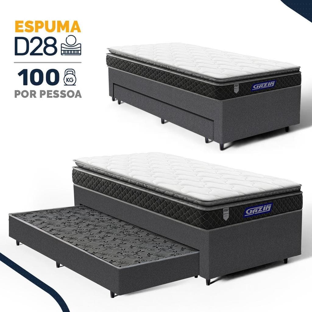 Cama Box com Colchão Gazin de Espuma D28 Pillow Top Ortoblack + Auxiliar de Molas Solteiro 88cm
