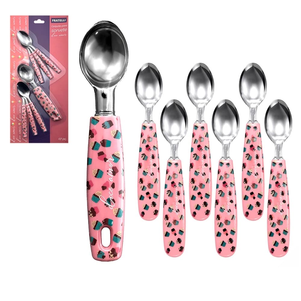 CONJUNTO PARA SORVETE ROSA COM 6 COLHER + CONCHA DE INOX CABO PLASTICO DOCE AMOR
