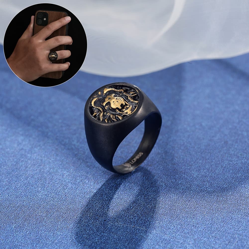 Anel Masculino Aço Inoxidável Pvd Preto Fosco/Leão Luxo Anel Moeda Antiga